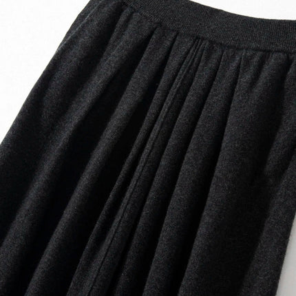 Women's Cashmere Umbrella Skirts Autumn Winter Basic Office Lady Classics 100% Cashmere Knitted A-Line High Waist Pockets Dress PlatiNum