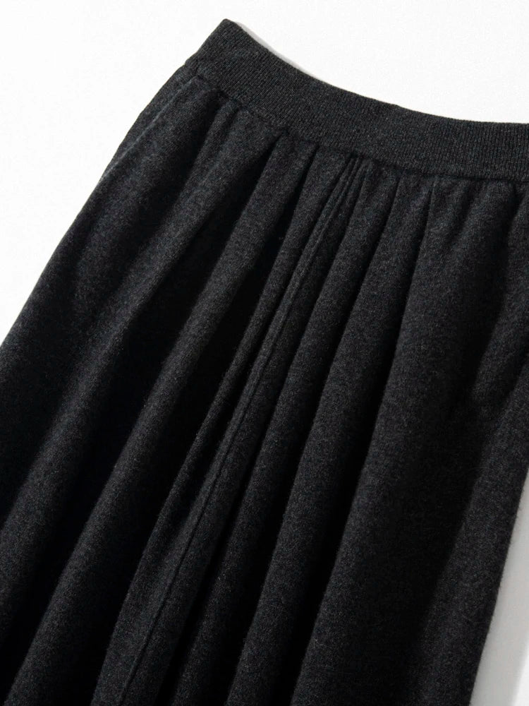Women's Cashmere Umbrella Skirts Autumn Winter Basic Office Lady Classics 100% Cashmere Knitted A-Line High Waist Pockets Dress PlatiNum