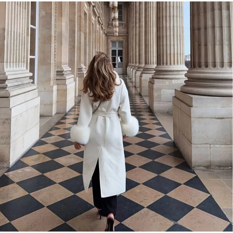 White Fur Patchwork Lace-up Overcoats Women's Street V-neck Full Sleeve Long Woolen Coat 2025 Winter New Ladies Thick Outwear