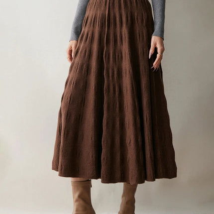 Women Cashmere Skirt A-Line Jacquard Elastic Waist Flared Skirt Autumn Winter 100% Cashmere Knitted Office Lady Curled Hem Dress PlatiNum