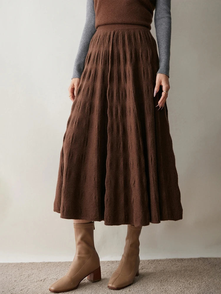 Women Cashmere Skirt A-Line Jacquard Elastic Waist Flared Skirt Autumn Winter 100% Cashmere Knitted Office Lady Curled Hem Dress PlatiNum