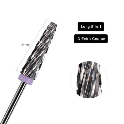 HYTOOS 24mm Super Long 5 in 1 Nail Drill Bits Two-Way Cross Manicure Carbide Burr Electric Grinding Accessories