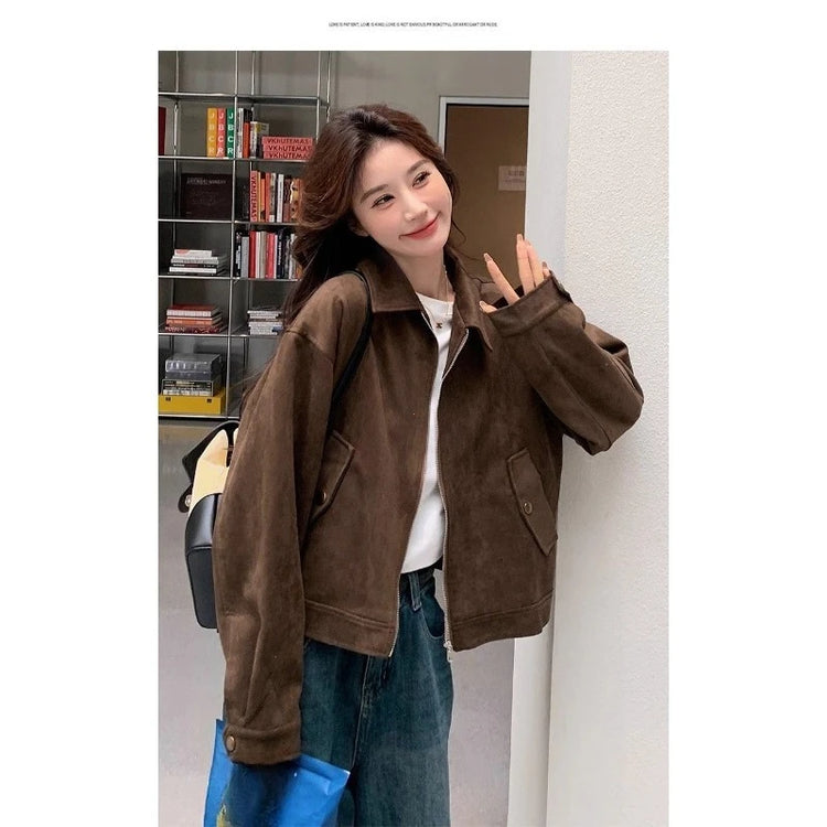 Retro Style Women's Short Suede Jacket Coffee Color Korean Style Autumn Coat Zipper Pocket Polyester Fiber Windproof