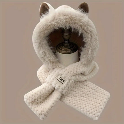 1Pc Women Cat Ear Pom‑Pom Beanie Hat, Soft Fleece‑Lined Winter Cute Animal‑Themed Festival Cap for Christmas Gifts