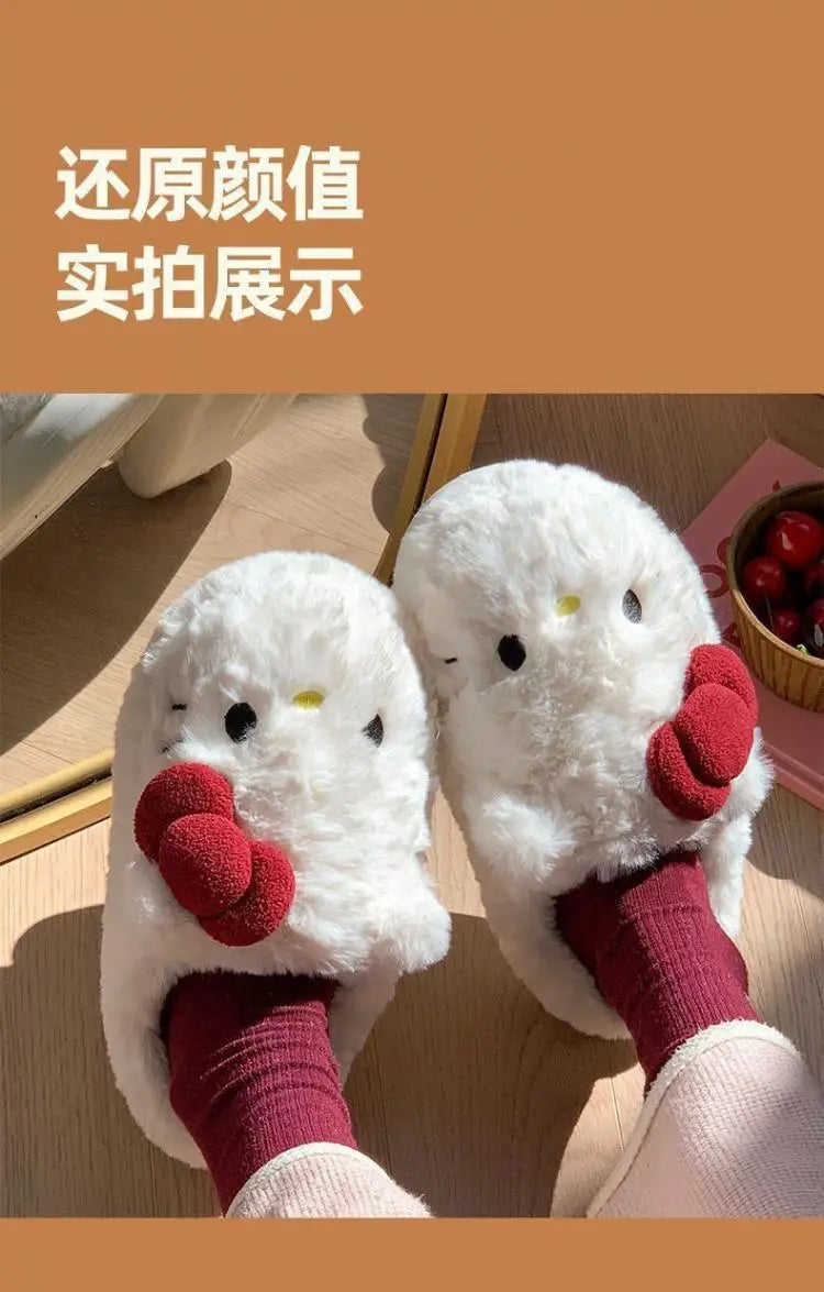 San-Rio Cute Girls Plush Slippers Cartoon Hello Kitty Winter Women Warm Cotton Shoes Female Kawaii Home Thick Sole Shoes Outdoor