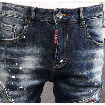Fashion Streetwear Men Jeans Retro Black Blue Elastic Slim Fit Ripped Jeans Men Spliced Designer Embroidery Hip Hop Denim Pants PlatiNum