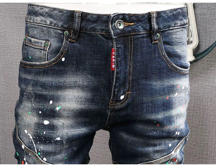 Fashion Streetwear Men Jeans Retro Black Blue Elastic Slim Fit Ripped Jeans Men Spliced Designer Embroidery Hip Hop Denim Pants PlatiNum