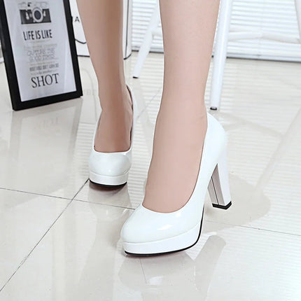 High Heels Pumps Shoes Women White Wedding Shoes Thick 10 CM Heels Fashion Party Pumps Footwear Black Red Round Zapatos De Mujer PlatiNum