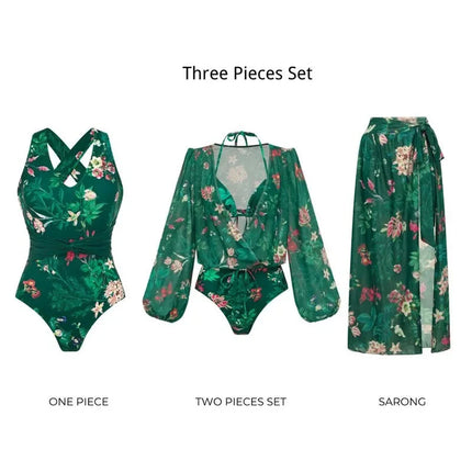 Costume da Bagno Bikini a Vita Alta da Donna, Sexy, Verde Stampato, in Rete, a Maniche Lunghe, Set Estivo di Lusso per la Spiaggia platinumshop
