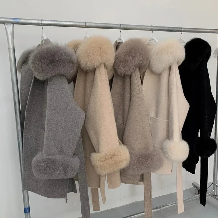 OFTBUY Omen Double Face Wool Coat Natural Fur Coat Wool Blend Jacket Winter Warm Elegant Long Sleeve Fur Cuffs Fashion Outerwear