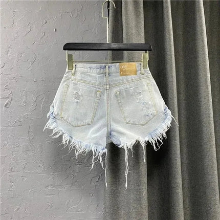 Shorts in denim da donna a vita alta, strappati, con orlo grezzo e sfilacciato, casual, hot pants - platinumshop