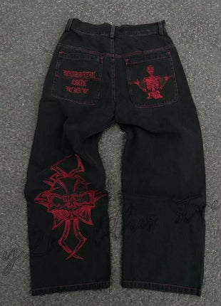 Jeans larghi ricamati modello Joker di tendenza della moda americana Donna Street Y2K Nuovi pantaloni a gamba larga oversize Hip Hop Jeans unisex