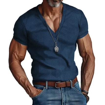 Men's European and American Summer Corduroy Solid Color Slim Casual V-Neck T-Shirt Amazon
