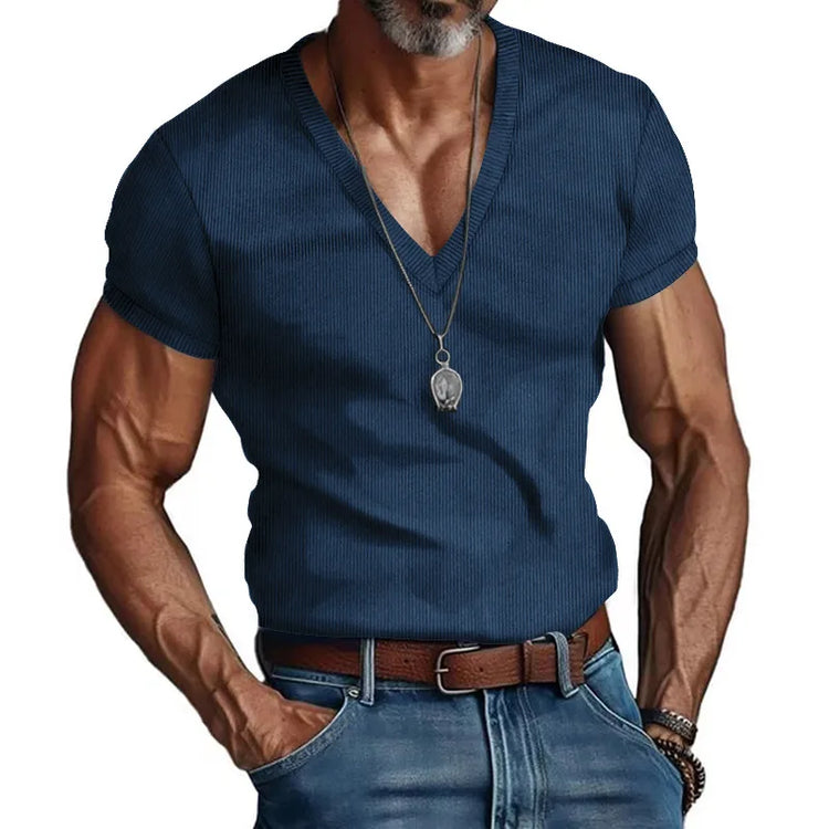 T-shirt casual slim tinta unita con scollo a V da uomo estiva europea e americana in velluto a coste da uomo Amazon