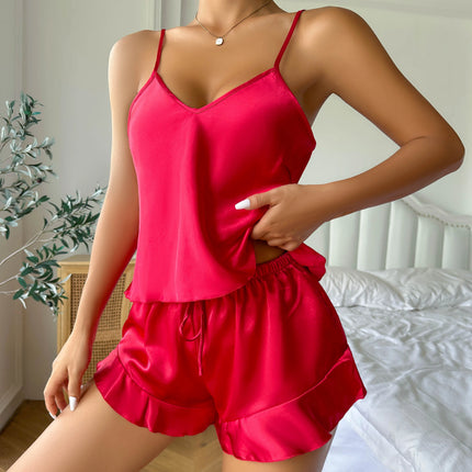 Pigiama semplice in raso con maniche lunghe, abito con cintura, scollo a V, top e pantaloncini, pigiama da donna