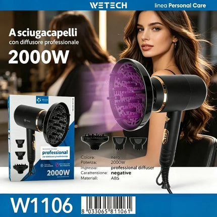 2000W Ionic Hair Blow Dryer With Professional Diffuser & Concentrator Nozzles Quick Dry Hair Care Styling Tool for Home Salon