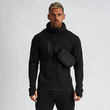 Men's Cotton Training Sets Gym Sportswear Zipper Hoodie Casual Sports Hooded 2-piece Top with Pants Black Sweatshirts Sweatpants PlatiNum
