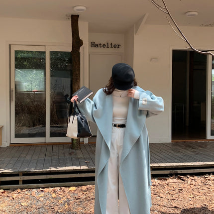 High-end Women Double-sided Wool Long Coat Warm Baby Blue Lapel Loose Double Breasted Wool Coat Female Fashion Autumn Winter