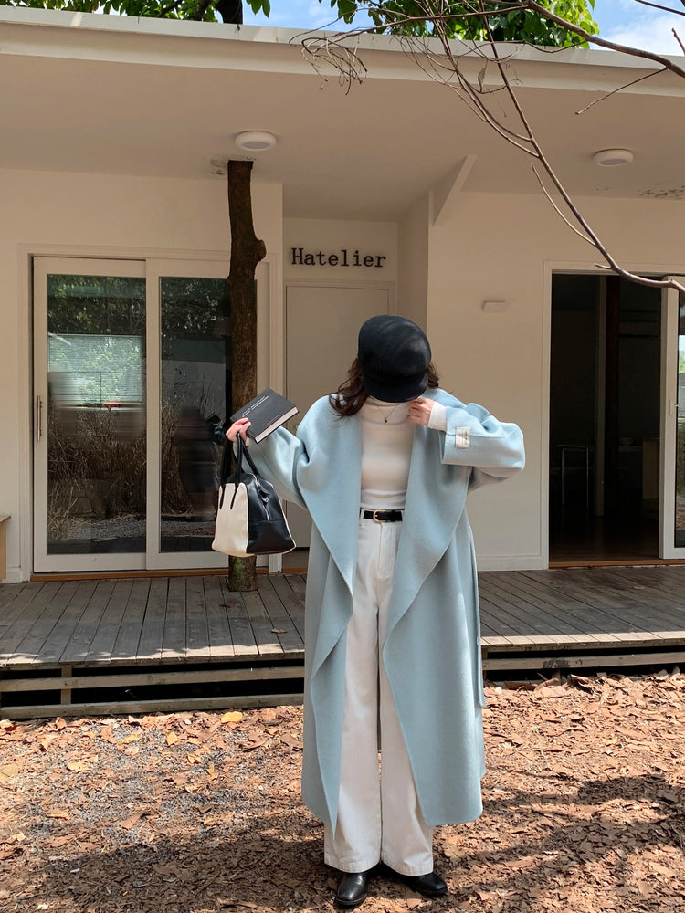 High-end Women Double-sided Wool Long Coat Warm Baby Blue Lapel Loose Double Breasted Wool Coat Female Fashion Autumn Winter