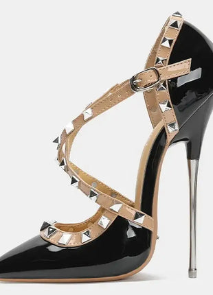 Sandali con tacco alto da donna con cinturino incrociato con rivetti Scarpe singole sexy con punta a punta per discoteca Modello di ospite di festa Passerella Cross Dressing platinumshop