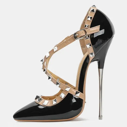 Sandali con tacco alto da donna con cinturino incrociato con rivetti Scarpe singole sexy con punta a punta per discoteca Modello di ospite di festa Passerella Cross Dressing platinumshop
