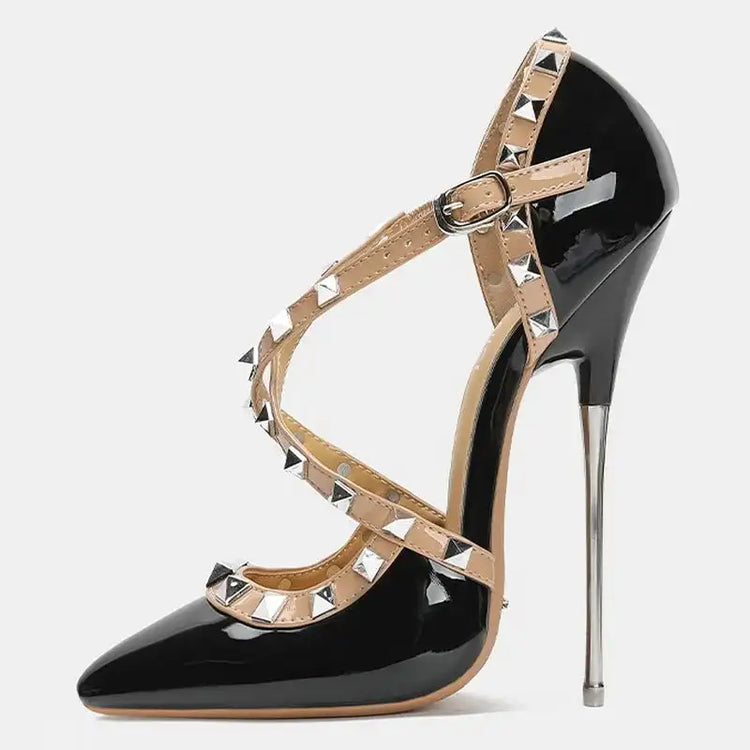 Sandali con tacco alto da donna con cinturino incrociato con rivetti Scarpe singole sexy con punta a punta per discoteca Modello di ospite di festa Passerella Cross Dressing platinumshop
