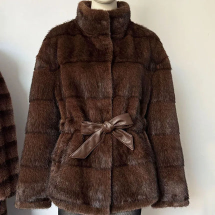 ZADORIN Luxury Designer Clothing Woman Mink Coat 2026 Chic Stand Collar Belted Brown Faux Fur Coat Woman Fluffy Fur Jacket Coats