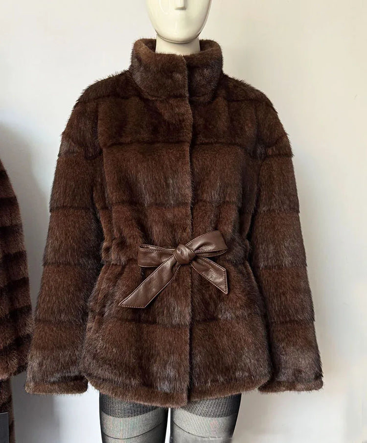 ZADORIN Luxury Designer Clothing Woman Mink Coat 2026 Chic Stand Collar Belted Brown Faux Fur Coat Woman Fluffy Fur Jacket Coats