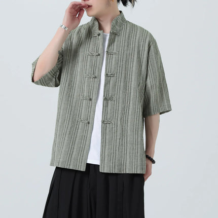 Camicie a Righe da Uomo Estive in Stile Cinese Tradizionale, Camicie Traspiranti in Lino, Abbigliamento Maschile Retrò per Kung Fu e Tai Chi, Completo Casual Tang