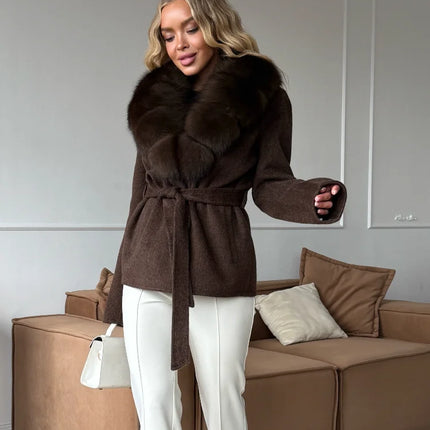 Brown Faux Fur Collar Wool Blend Belted Coats Elegant Wrap V Neck Long Sleeve Lace Up Jackets 2026 Lady Winter Autumn Outwear