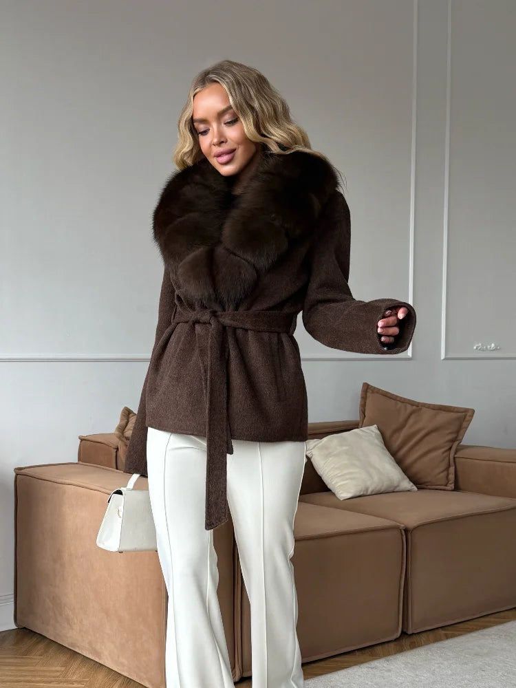 Brown Faux Fur Collar Wool Blend Belted Coats Elegant Wrap V Neck Long Sleeve Lace Up Jackets 2026 Lady Winter Autumn Outwear