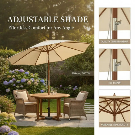 Ombrellone da Patio Grande 2,7m con Sollevamento a Carrucola, Tessuto in Poliestere Impermeabile e Resistente allo Sbiadimento, Parasole da Esterno per Giardino, Spiaggia, Piscina, Cortile