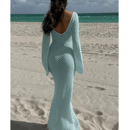 Nuovo stile lavorato a maglia scava fuori scollo a V abito a maniche lunghe da donna vacanza al mare bikini senza schienale copricostume protezione solare abito lungo platinumshop
