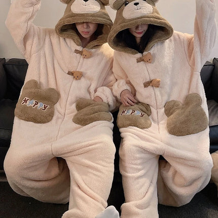 Winter Pajamas Cartoon Bear Costume Pijama Kawaii Adult Couples Kigurumis Sleepwear Jumpsuits Coral Fleece Loose Warm Homewear
