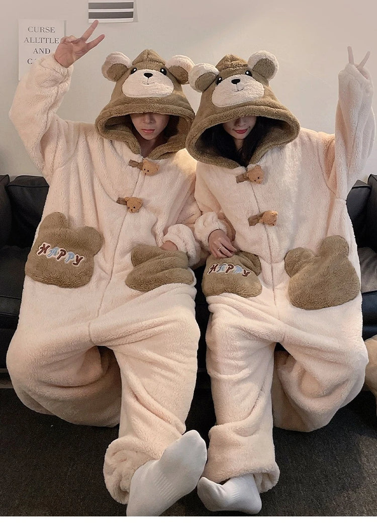 Winter Pajamas Cartoon Bear Costume Pijama Kawaii Adult Couples Kigurumis Sleepwear Jumpsuits Coral Fleece Loose Warm Homewear