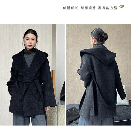 Brushed 100% Wool Coat Women Hooded Belted Wrap Coat Long-Pile Double-Faced Texture Unlined Relaxed Fit Short Coats Fall Winter
