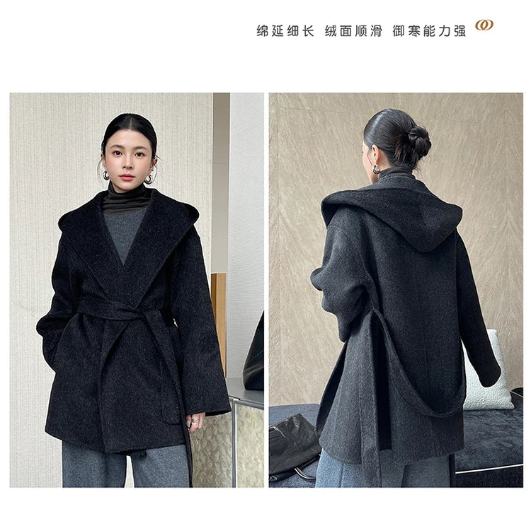 Brushed 100% Wool Coat Women Hooded Belted Wrap Coat Long-Pile Double-Faced Texture Unlined Relaxed Fit Short Coats Fall Winter
