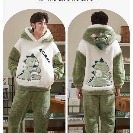 Couples Pajamas Women Men Winter Thicken Pyjamas Sleepwear Cartoon Dinosaur Korean Lovers Homewear Soft Warm Hoodies Pijama