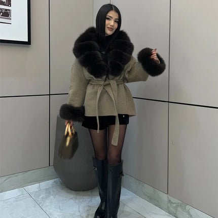 Women Wool Blend Coat Big Faux Fur Collar And Cuffs Belted Waist Wrap Loose Winter Jacket Thick Warm Elegant Lady Outerwears