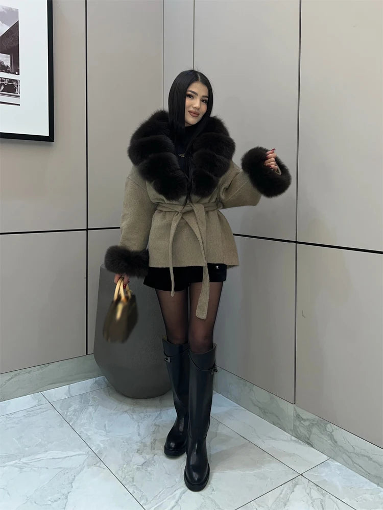 Women Wool Blend Coat Big Faux Fur Collar And Cuffs Belted Waist Wrap Loose Winter Jacket Thick Warm Elegant Lady Outerwears