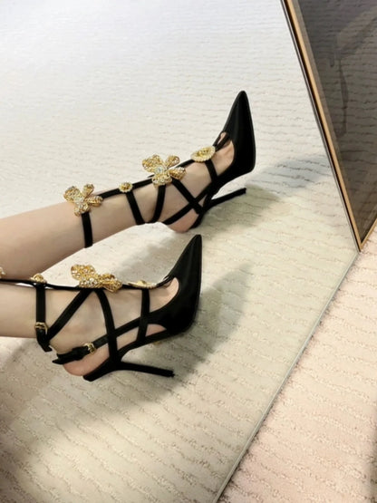 Sex Pointed Toe Bow-knot Female Pumps Crystal Fine Heels Women Sandals Buckle Strap Stiletto Lady Dress Shoes Zapatos Mujer