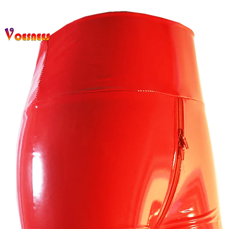 2024 Black Bright PU Leather Personalized Double Zipper Open Crotch Pants High Waisted Leggings Nightclub Stage Women's Pants