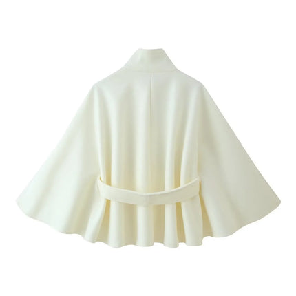 Women's Elegant Midi Cape Coat with Stand Collar Three Quarter Flared Sleeves Solid Color Belted Loose Fit Poncho For Woman