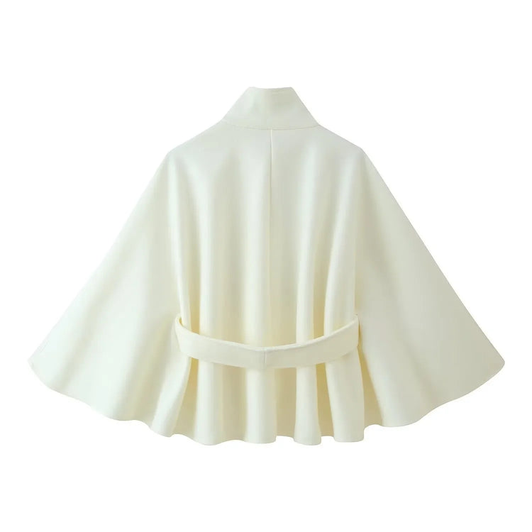 Women's Elegant Midi Cape Coat with Stand Collar Three Quarter Flared Sleeves Solid Color Belted Loose Fit Poncho For Woman