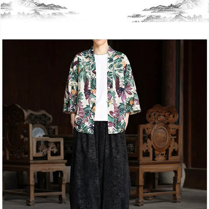 Camicie in Lino Stile Etnico con Stampa Yukata per Uomo e Donna, Abbigliamento Asiatico, Kimono Giapponese Harajuku, Camicie Retrò da Uomo