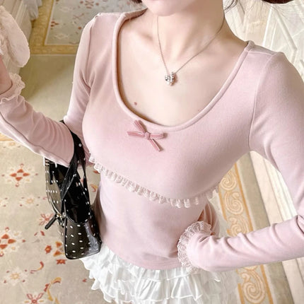 Autumn Winter New Sweet Pink Blouse Women Bow Round Neck Long Sleeve Base Layer T-Shirts & Blouses Japanese Kawaii Thin Clothes 2025