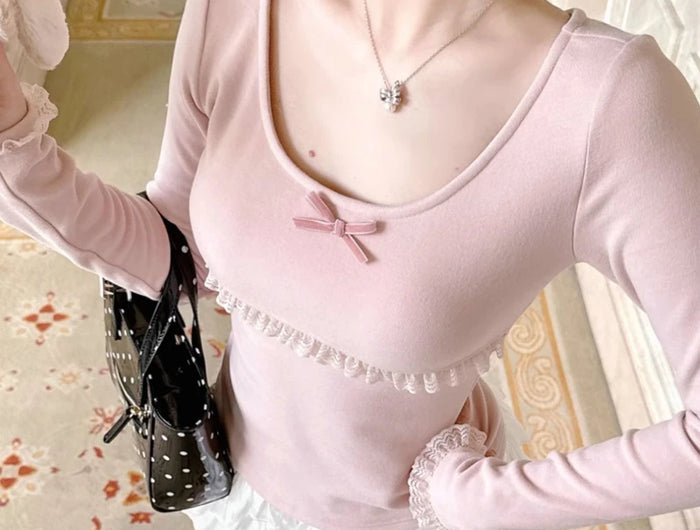 Autumn Winter New Sweet Pink Blouse Women Bow Round Neck Long Sleeve Base Layer T-Shirts & Blouses Japanese Kawaii Thin Clothes 2025