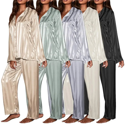 Pigiama estivo a righe da donna Set top a maniche lunghe Pantaloni in raso di seta Abito da casa Primavera Indumenti da notte casual allentati Indumenti da notte femminili