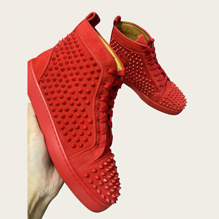 Black Studded Leather Rivets High-Top Sneakers Classic Designer Style Round Toe Men's Sports Shoes Comfort Lace-Up Casual Shoes