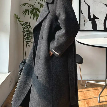 Korean Fashion Dark Gray Stand Collar 100%Wool Coat Women Long Winter Jacket